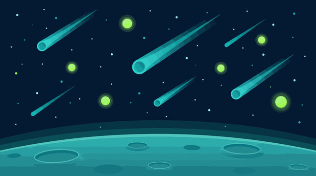 Vector cyan lunar planet surface with craters and glowing meteors falling from the deep space sky, concept for science fiction illustration, space exploration background and gaming website banner