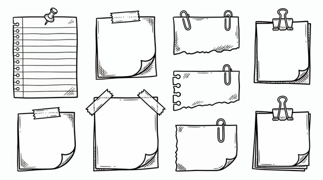 Hand drawn set of blank paper notes sticky notes and torn sheets with clips tape and pin on white background, concept for office reminders, creative journaling and memo planning