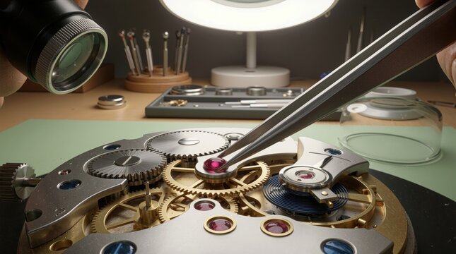 Extreme macro of a watchmaker's tweezers placing a ruby jewel bearing into a brass watch movement with rhodium finish and blue tempered steel hairspring coil