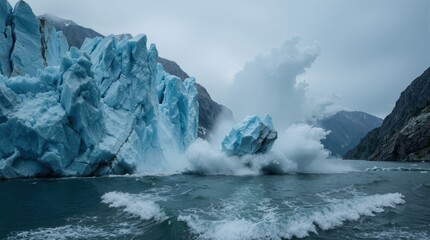 Fototapeta premium Massive glacier ice wall fracturing with thunderous calving event as enormous blue-white crystalline ice chunk separates and tumbles into a fjord creating spray and mist plume