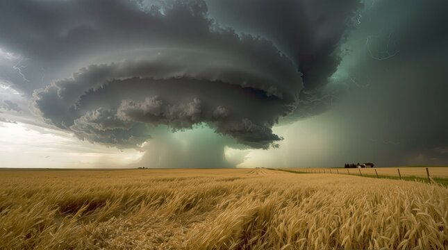 Ominous rotating supercell mesocyclone with textured mammatus cloud underbelly and eerie green pre-storm light above a golden wheat field bending under wind pressure