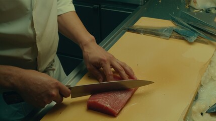 Obraz premium Precise overhead view of a mirror-polished yanagiba knife drawing a clean slice through ruby-red marbled tuna loin on a blonde hinoki cutting board with visible muscle fiber grain