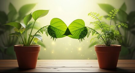 Two potted plants sit on a wooden table against a backdrop of lush greenery with a warm and natural mood.