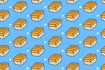 Kabayaki eel nigiri with light colorful doodle seamless pattern on blue background set for restaurant. Japanese eel sushi cartoon pattern background for culinary. Unagi nigiri sushi illustration motif