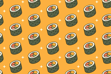 Maki sushi roll with light colorful doodle seamless pattern on yellow background for restaurant merchandise. Nori wrapped maki sushi cartoon pattern background for Asian cuisine menu and packaging © salzcreative