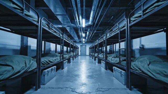 Empty bunk beds in a sterile institutional dormitory barracks room