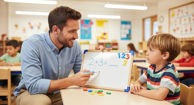Teacher helping young student with math on a whiteboard kids school life learn study undergraduated