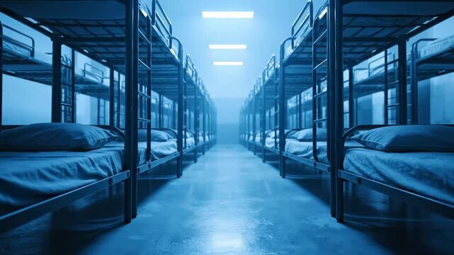 Empty bunk beds in long barracks dormitory room with blue light