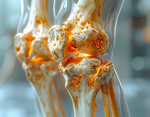 3D rendered human knee joint, showcasing bone structure and cartilage
