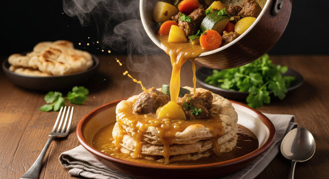 Thareed Lamb Stew Pouring Over Crispy Regag Bread Rustic Middle East