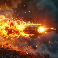 A blazing projectile streaks through a fiery explosion, sparking