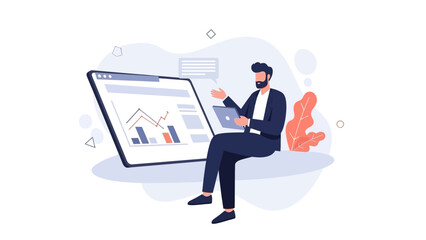 Business Man Analyzing Data on Laptop and Big Screen with Charts