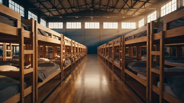 Empty bunk beds line large communal dormitory with sunlight