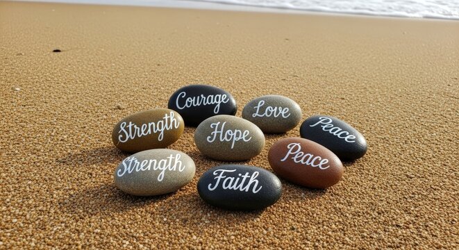 Inspirational words on beach stones.