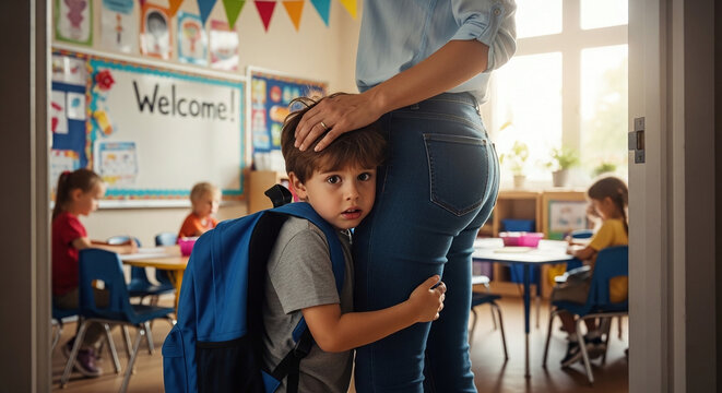 Shy little boy backpack on hugs teacher's leg on first day of school kids school life learn study un