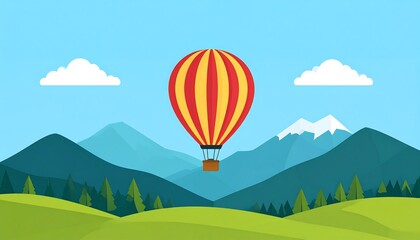 Naklejka premium A hot air balloon floats above a lush mountain landscape