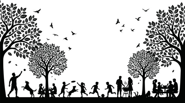 Family picnic silhouette vector illustration in nature park, people having bbq and playing under big trees, black and white summer outdoor leisure background with dog and birds.