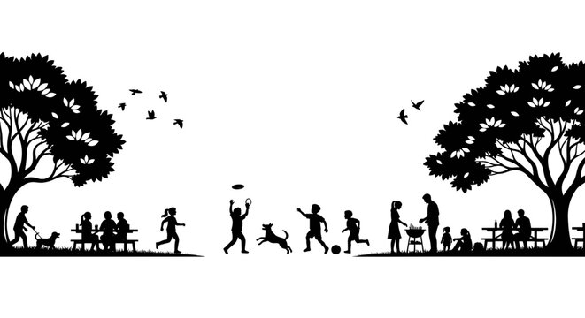 Family picnic silhouette vector illustration in the park, people having bbq and playing sports under big trees, black and white summer outdoor leisure time background with friends and dog.