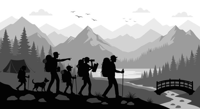 Hiking family silhouette vector illustration, group of people with backpacks walking in mountains near river and bridge, black and white nature camping adventure background with pine trees.