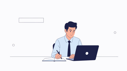 Businessman working at desk with laptop and notebook, modern office illustration