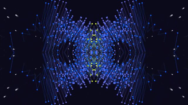 Vibrant blue particles form symmetrical patterns on a dark background