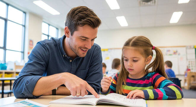 Teacher helping young student with reading in bright classroom. kids school life learn study undergr