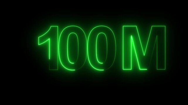 Glowing neon light 100M icon followers or subscribers celebration text animation 100M for views, business, dollar use all of with black background.4K video