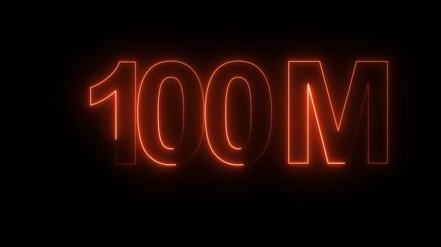 Glowing neon light 100M icon followers or subscribers celebration text animation 100M for views, business, dollar use all of with black background.4K video
