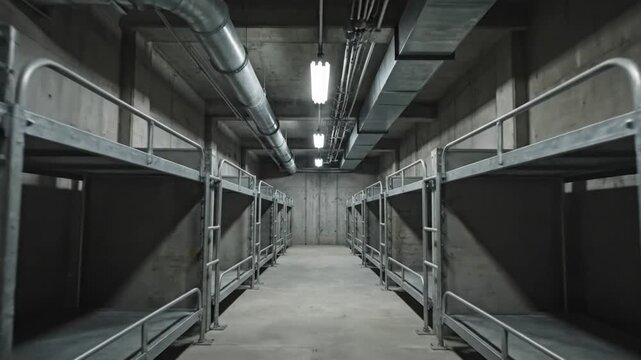 Empty dormitory room with concrete walls and rows of bunk beds