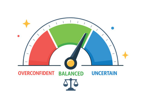 Calibration of confidence and avoiding overprecision in judgments, a dial with a clearly marked safe middle zone expressing balance, realism, and measured self-assurance.