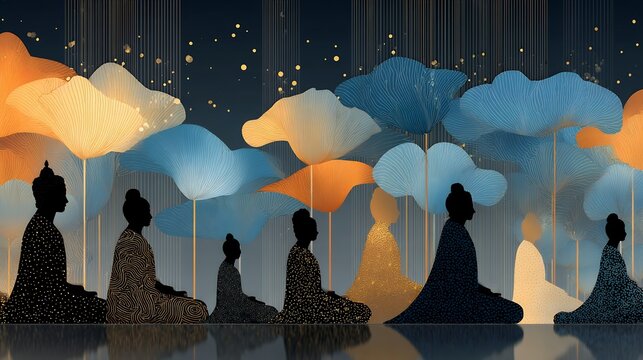 Flat illustration for International Makha Bucha Day focusing on balance and calm, glowing abstract light forms with lotus-inspired geometry, memphis lines and dots, boho textures
