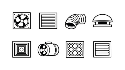 Home ventilation equipment: exhaust fan, air vent grille, duct pipe, vent cover, ceiling diffuser, inline fan, air filter, wall vent.