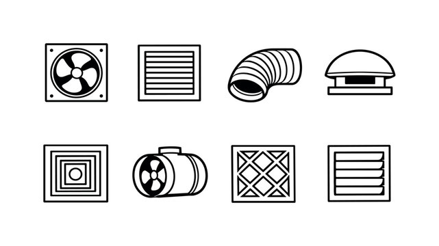 Home ventilation equipment: exhaust fan, air vent grille, duct pipe, vent cover, ceiling diffuser, inline fan, air filter, wall vent.