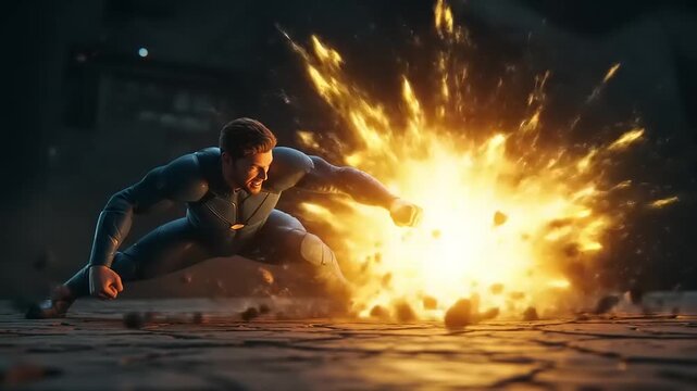 Superhero Avoiding Explosion in Dark Environment.