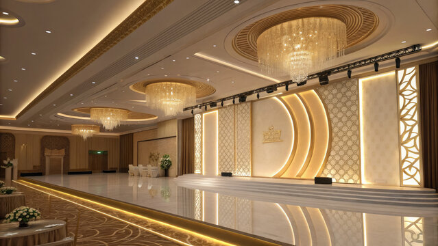 Large event hall with white and gold stage and chandeliers and tables with flowers  luxury wedding or conference venue interior