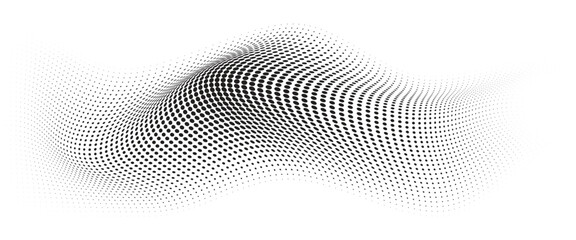 Fototapeta premium Flowing Wave Dot Halftone Pattern: Curve Gradient Shape on Transparent Background. Suitable for AI, Tech, Network, Digital, Science, and Technology Themes.