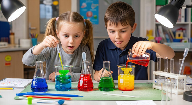 Curious children conducting colorful science experiments in a modern lab setting kids school life le