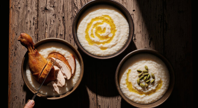 Saleeg Creamy Rice With Roasted Chicken On Rustic Wooden Table