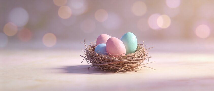 Pastel Easter eggs nestled in a twig bird's nest with soft bokeh background