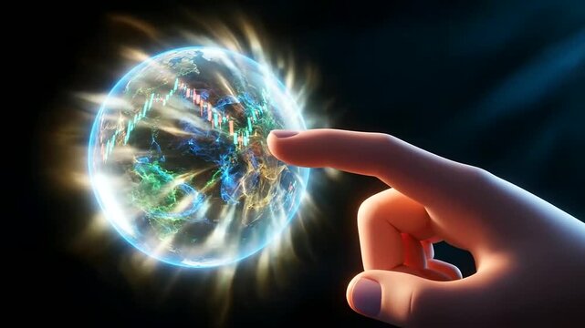 Financial wellness apps leverage global connectivity, as a stylized hand interacts with a digital Earth displaying financial data.