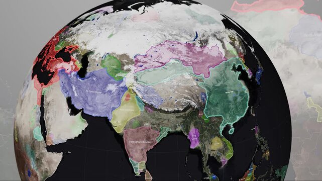 Digital globe animation illustrating the territorial extents of major Empires across Eurasia, including the Roman, Parthian, Kushan, and Han empires