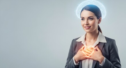 A businesswoman in a suit holding an orange heart with a glowing halo above her head, conveying emotions and care.