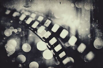 Abstract Black and White Spray Art with Overlapping Squares and Circles, Textured Surface, Dark Background, High Contrast, and Graphic Design Elements