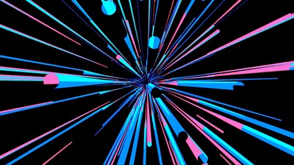 Exploding blue and pink 3D geometric lines and circles on black background