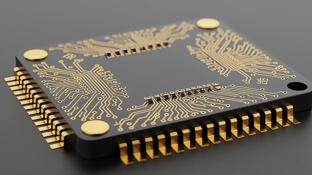 Close-up of a complex integrated circuit chip with gold pins.