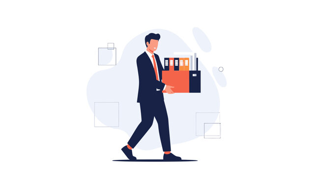 Businessman carrying box with files, leaving office, job loss concept