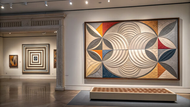 Modern art gallery interior with colorful geometric paintings on walls and a bench in front of large abstract artwork  art museum with contemporary art pieces