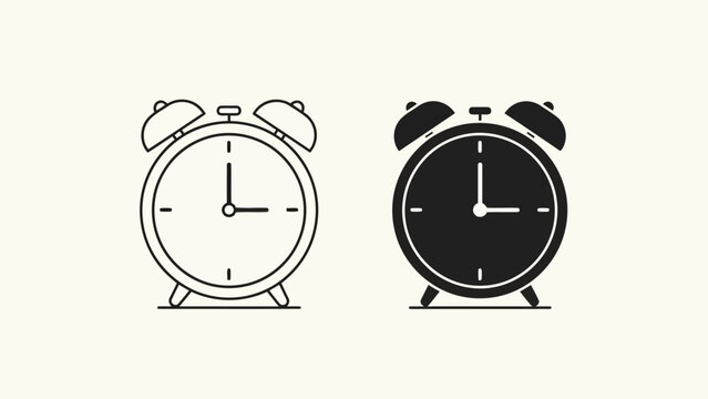 Two contrasting alarm clock illustrations one white outline and one solid black silhouette