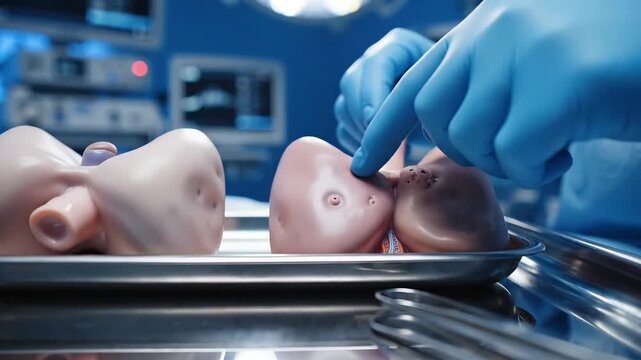 Surgeon in blue gloves performs procedure on anatomical model in operating room.