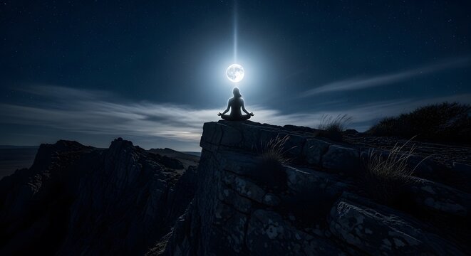 Person meditating on rocky cliff edge at night under full moon light serene landscape